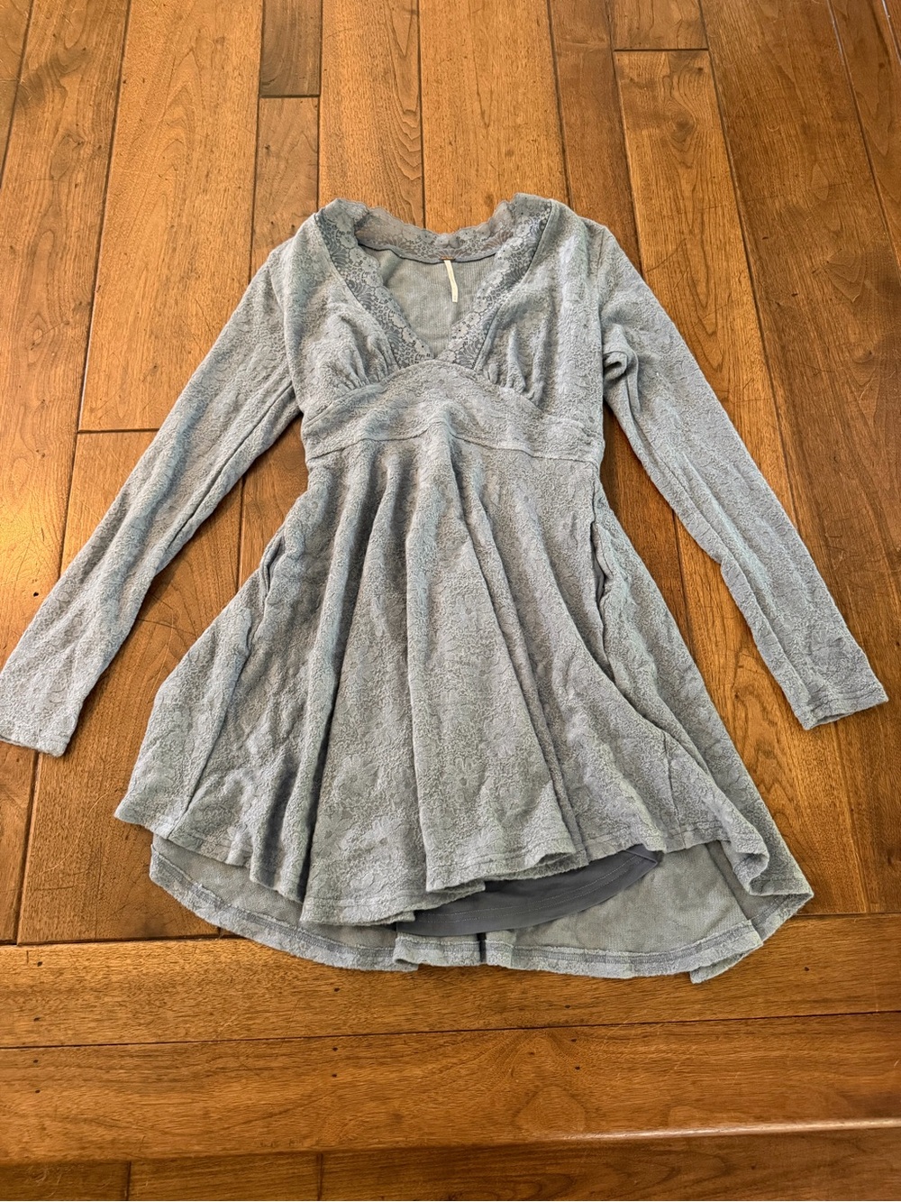 Free People Light Gray Plush V-Neck Mini Dress